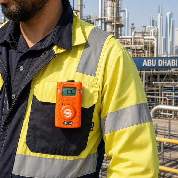 Worker wearing Crowcon Clip SGD gas detector clipped to chest in industrial facility — ATEX certified safety monitor UAE