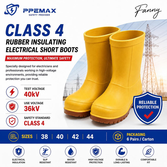 Yellow PPEMAX Class 4 rubber electrical insulating boots with brown treaded soles, shown in a supplier specification graphic