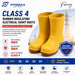 Yellow PPEMAX Class 4 rubber electrical insulating boots with brown treaded soles, shown in a supplier specification graphic