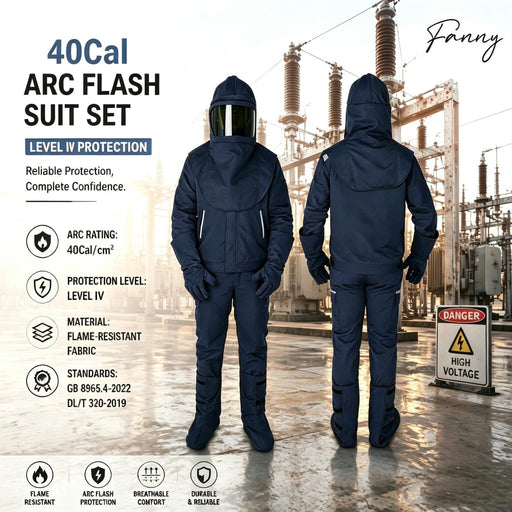 Front and rear views of a navy Fanny 40 Cal arc flash suit set with a protective hood and viewing visor