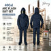 Front and rear views of a navy Fanny 40 Cal arc flash suit set with a protective hood and viewing visor