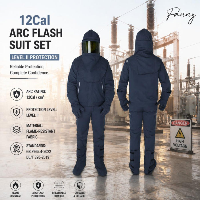 Front and rear views of a navy Fanny 12 Cal arc flash suit set with a protective hood and viewing visor