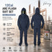 Front and rear views of a navy Fanny 12 Cal arc flash suit set with a protective hood and viewing visor
