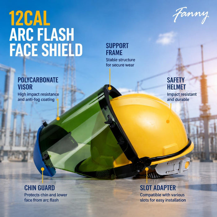 Fanny 12 Cal arc flash face shield with green visor, chin guard and support frame mounted on a yellow safety helmet